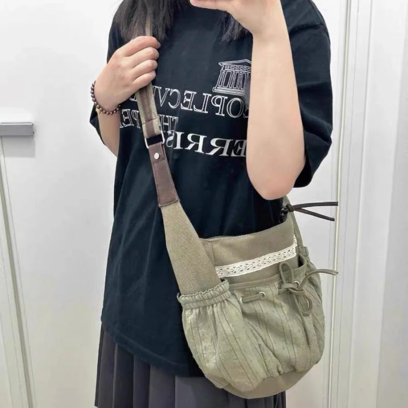 2024 nuove donne Vintage casual borsa a tracolla Y2k estetica Streetwear borse con coulisse All Match ins borse a tracolla Patchwork