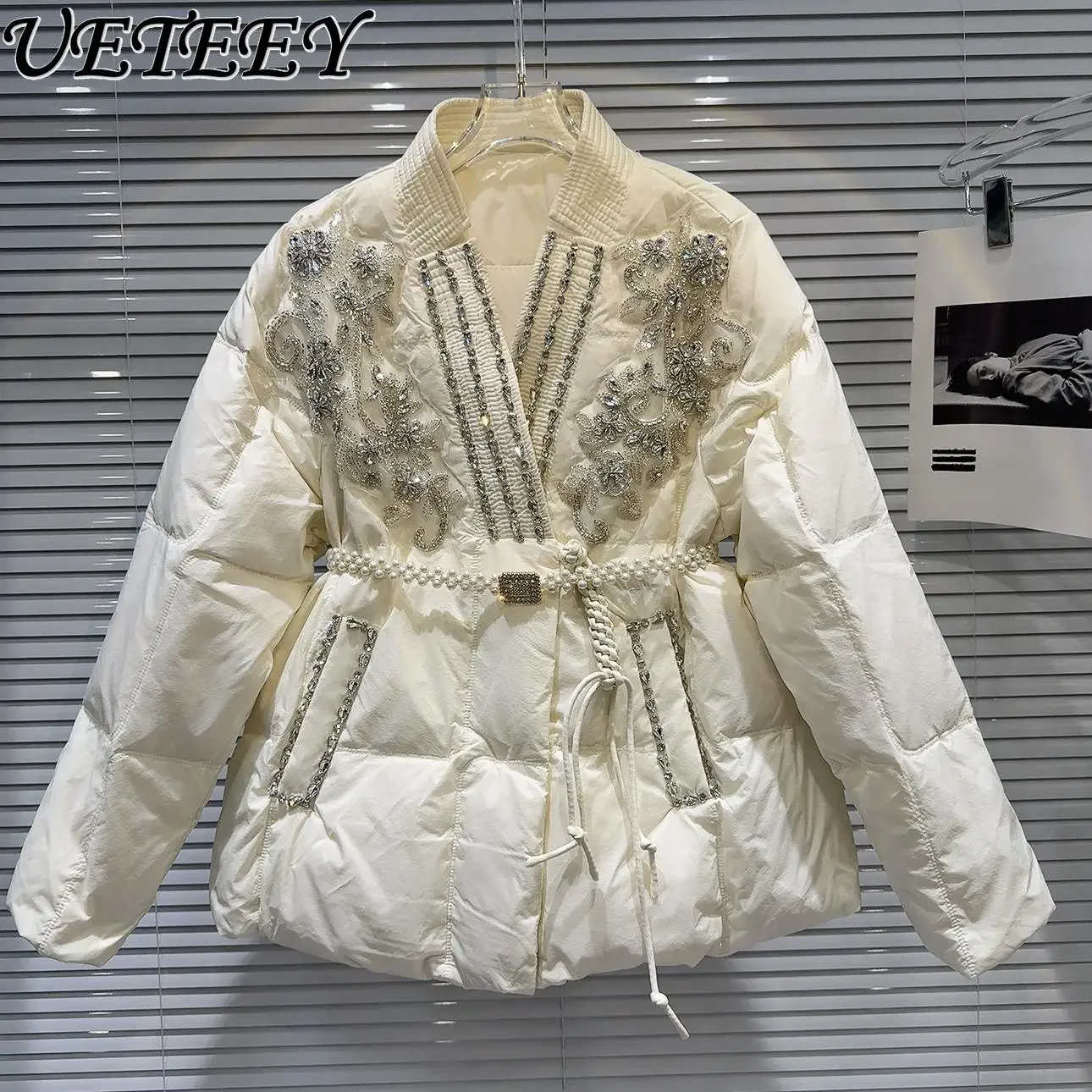 Veste en coton à col en V avec bord de fleur en biscuits, parkas chaudes, manteau en duvet, taille perlée, mode de célébrité, nouveau, léger, hiver