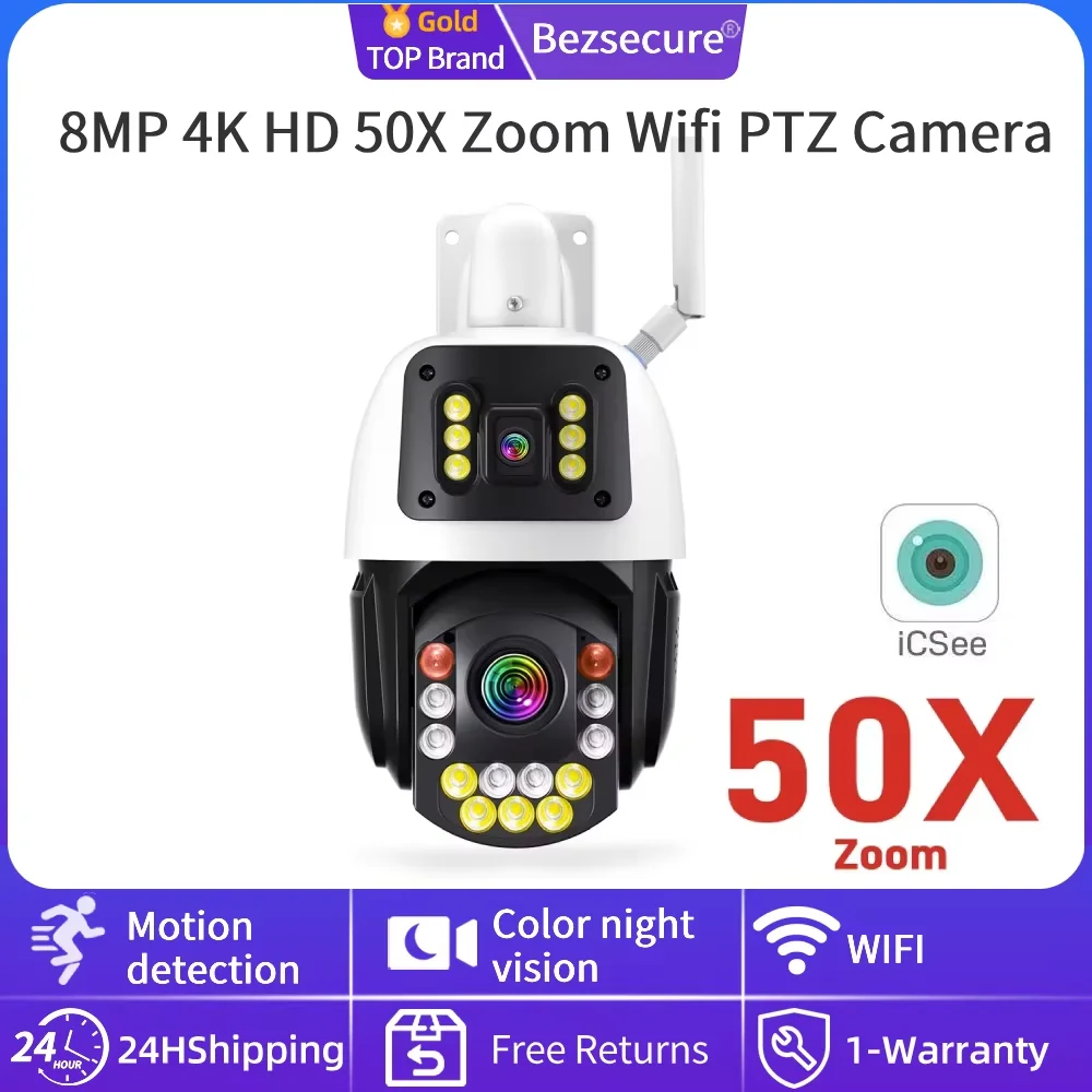 

8MP 4K HD 50-кратный зум Wi-Fi PTZ-камера Открытый двойной объектив Двойной экран AI Автоматическое отслеживание Цветная IP-камера ночного видения iCSee