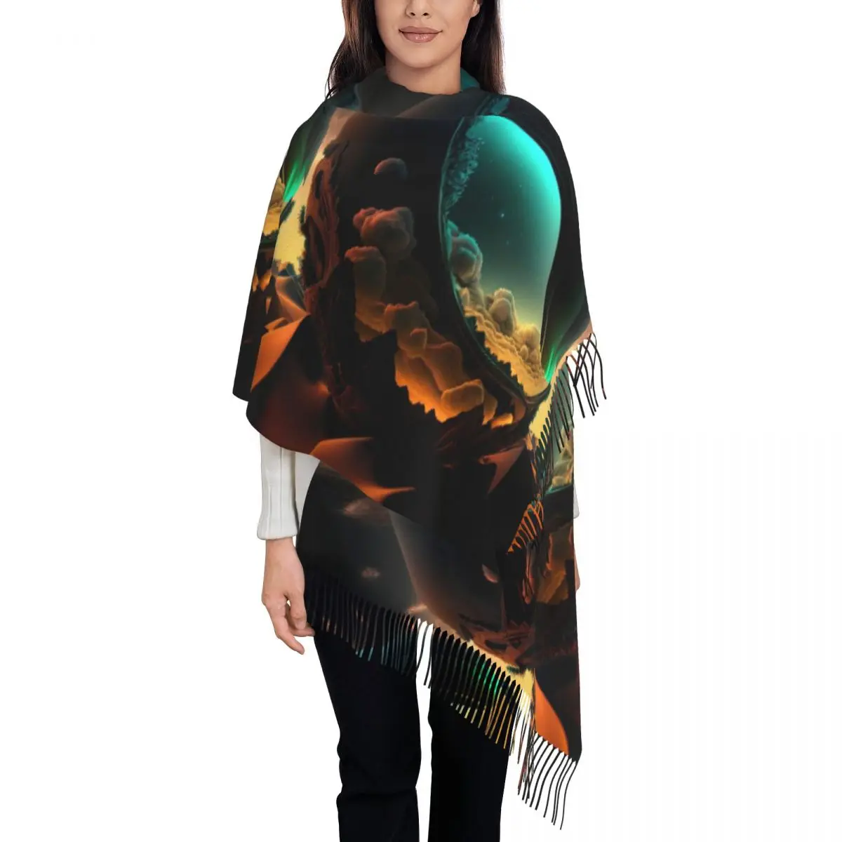 Unisex Scarf Warm Soft Desert Sun Headwear Scarves with Long Tassel Abstract Art Print Popular Shawls Wrpas Autumn Bandana