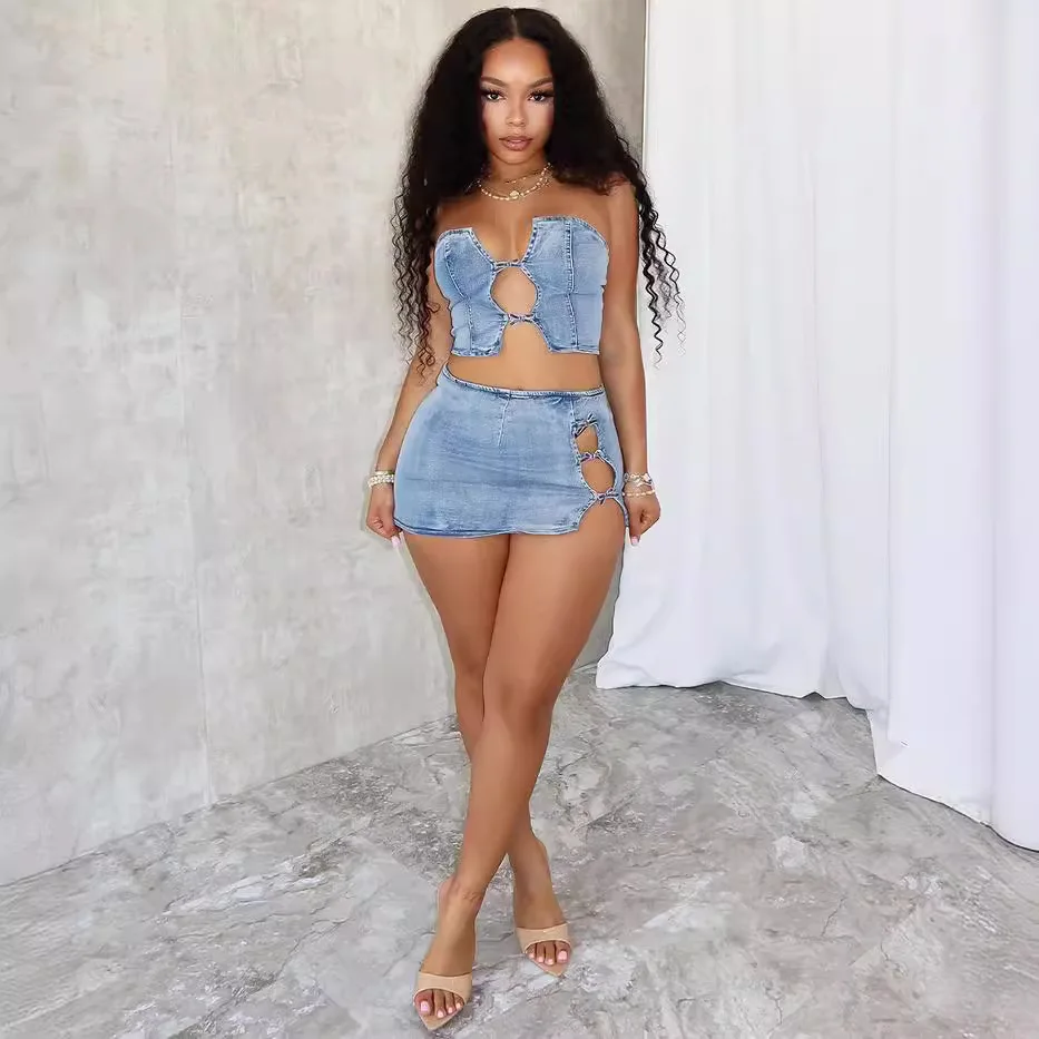 

Новинка 2025 года, облегающая джинсовая мини-юбка без бретелек с завязкой на талии и разрезом, женский сексуальный модный комплект из двух предметов