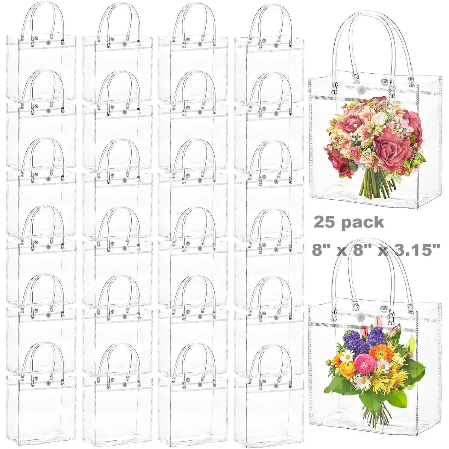 25 Bolsas de Regalo Transparentes con Asas, 8x3.1x8 Pulgadas, Bolsa de PVC Cuadrada Transparente, Impermeable y Reutilizable para Regalos de Fiesta, Bodas, Cumpleaños, Damas de Honor, Perfumes, Pastelería, Cosméticos, Boutique, Compras Minoristas