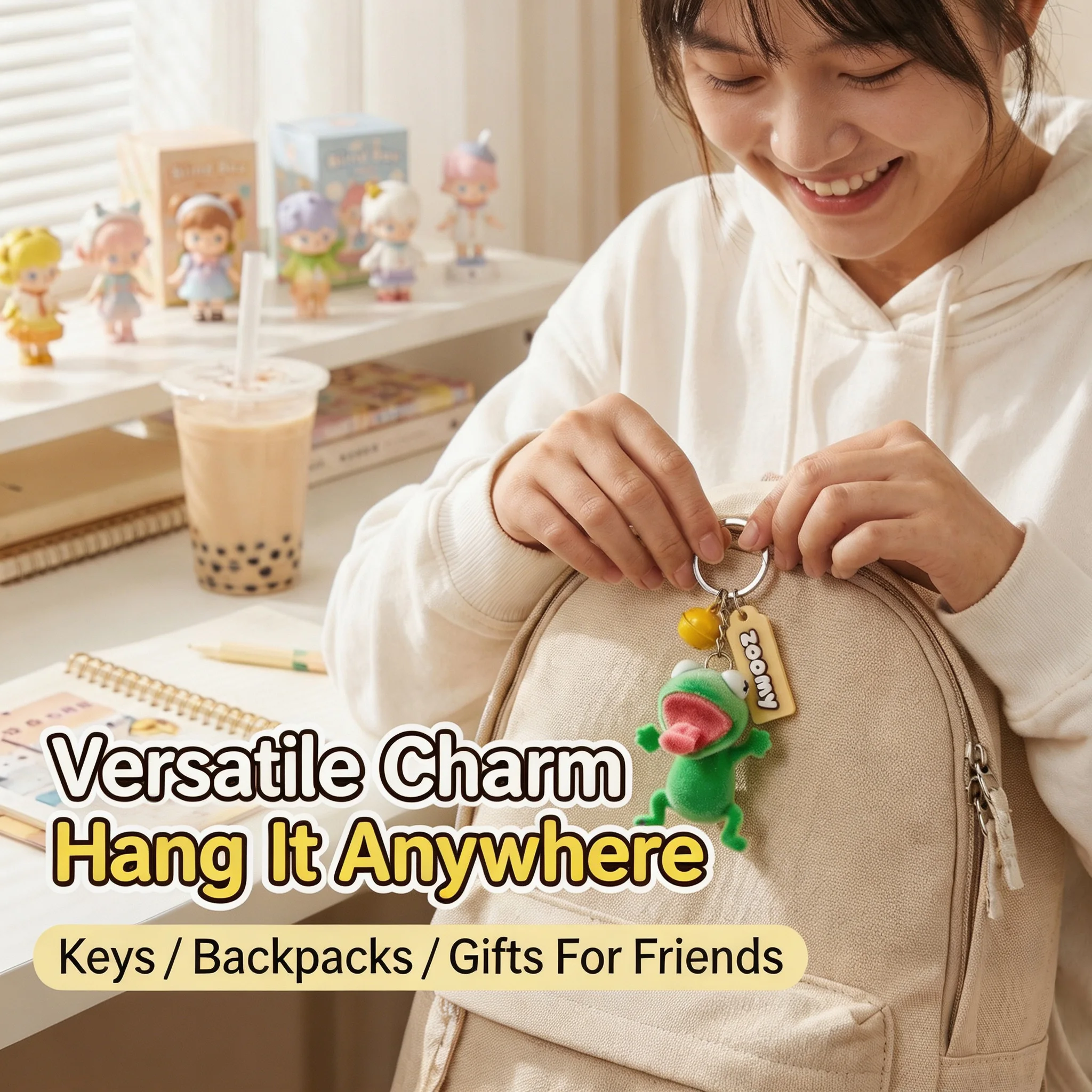 Funny Flocked Frog Keychain, Cute Tongue‑Out Frog Bag Charm with Bell Pendant, Novelty Key Ring for Backpack Keys Gift view 2