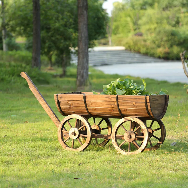 Outdoor anti-corrosion flower box, carbonized wood flower pot, landscape flower cart, antique hand pushed wheels