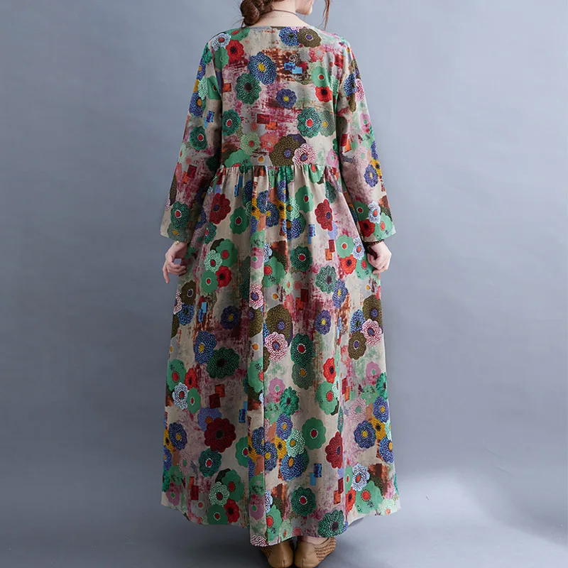 #3302 Full Floral Printed A-line Dress Women Long Sleeve O-neck Loose Vintage High Waisted Long Dresses Female Ankle-length