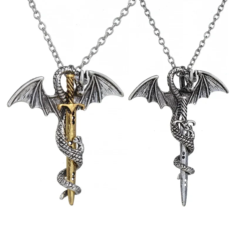 Fashionable Retro Charm Pterosaur Sword Necklace Flying Dragon and Wing Roll Falling Cross Punk Jewelry Men and Women