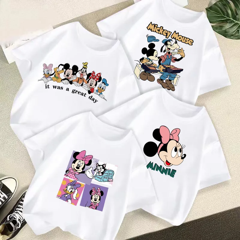 

Summer New Mickey Mouse Printed Short Sleeve Boys and Girls Summer Cartoon Fashion White Base Shirt Baby Clothing