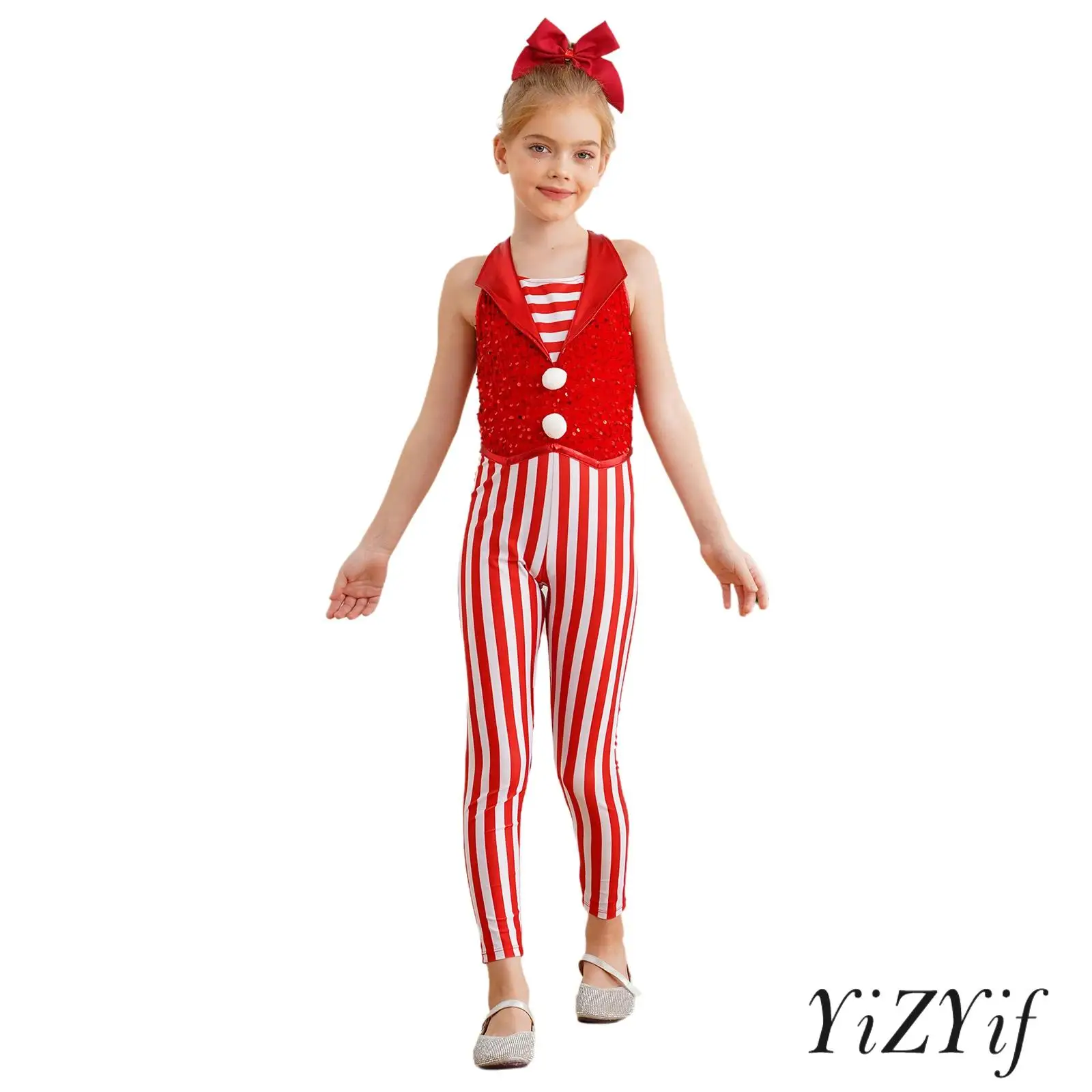 

Kids Girls Christmas Candy Cane Striped Jumpsuit Cosplay Costume Stripes Dance Unitards Xmas Party Stage Performance Dress Up