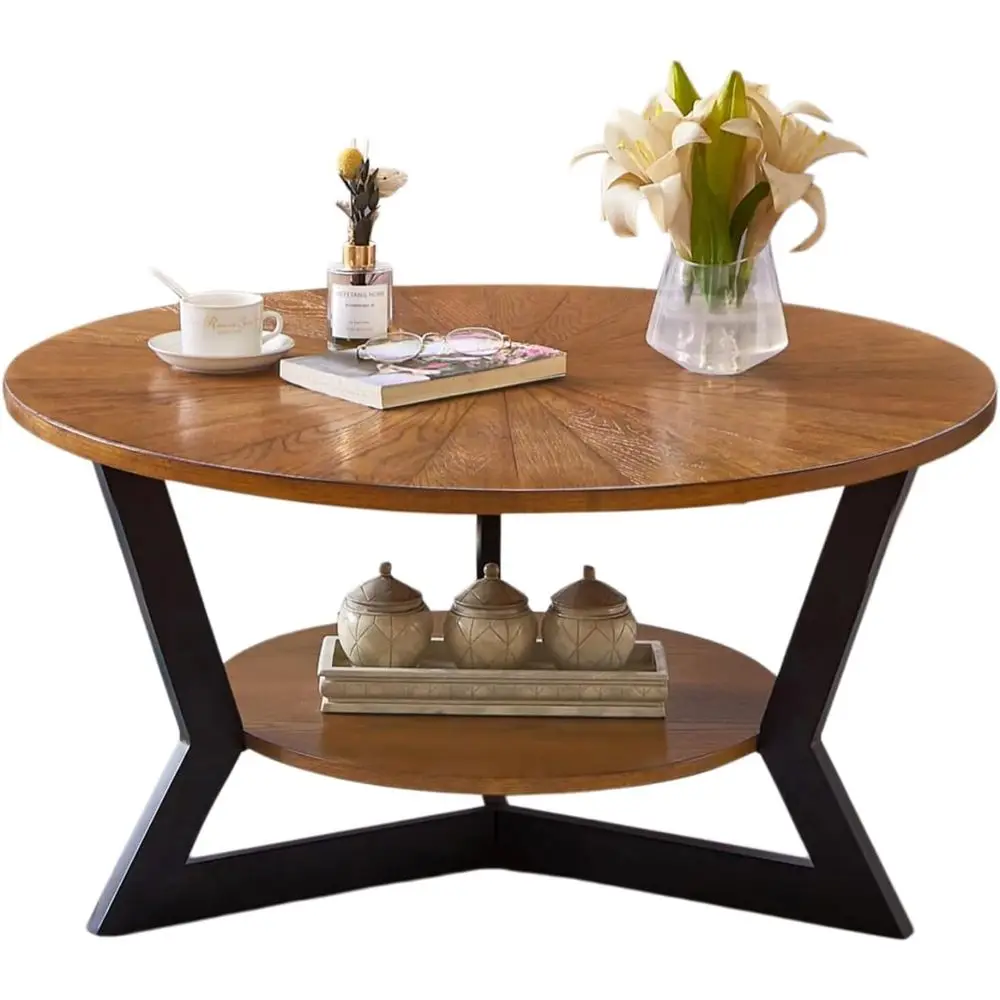 

18'' Round Wooden Coffee Table with 2-Tier Storage for Living Room, Bedroom, or Office, Easy Assembly