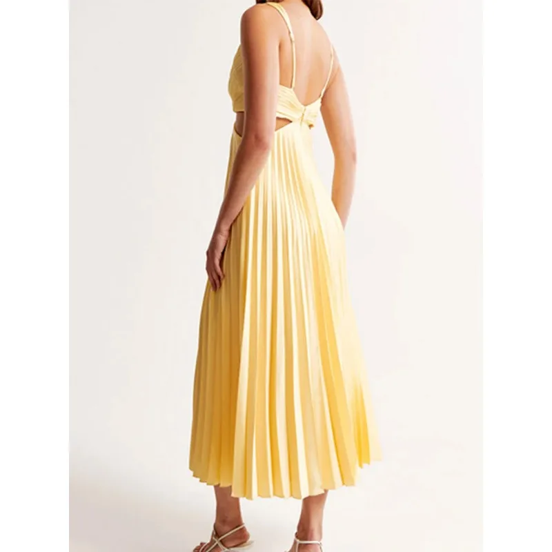 فستان نسائي مستوحى من التصميم مع مزاج أنيق، رقبة على شكل حرف V بدون أكمام مجوفة بدون ظهر مطوي صيفي نمط جديد