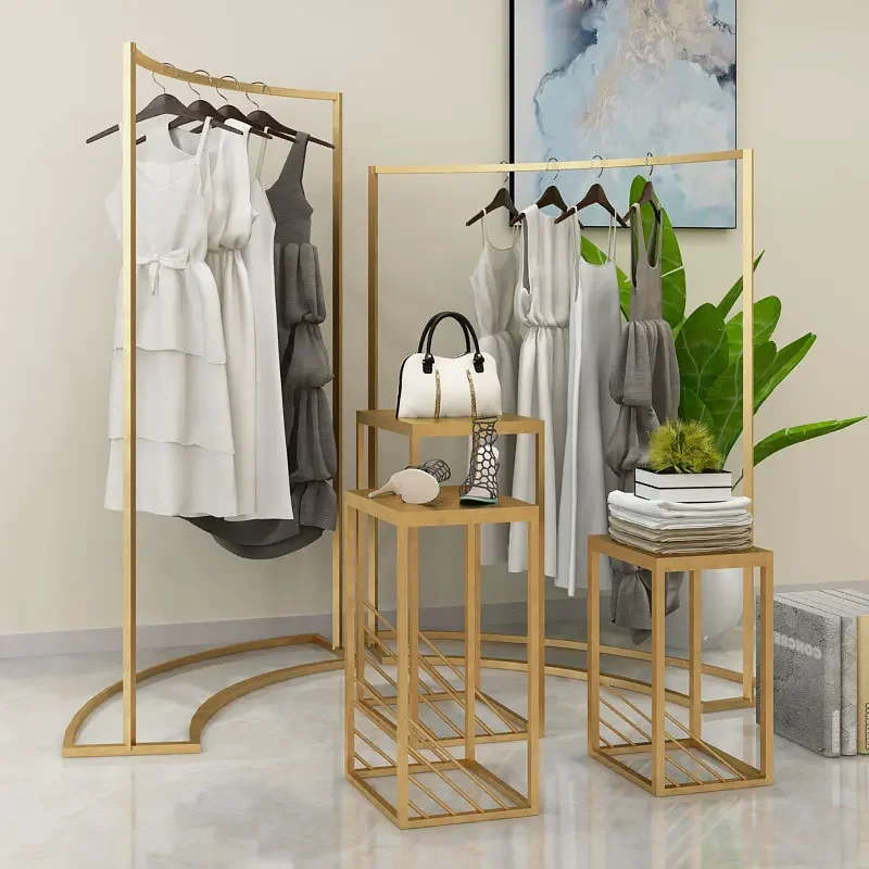 Curved wedding dress display rack, gold coatrack for clothing stores, simple high-low island water station for bedrooms
