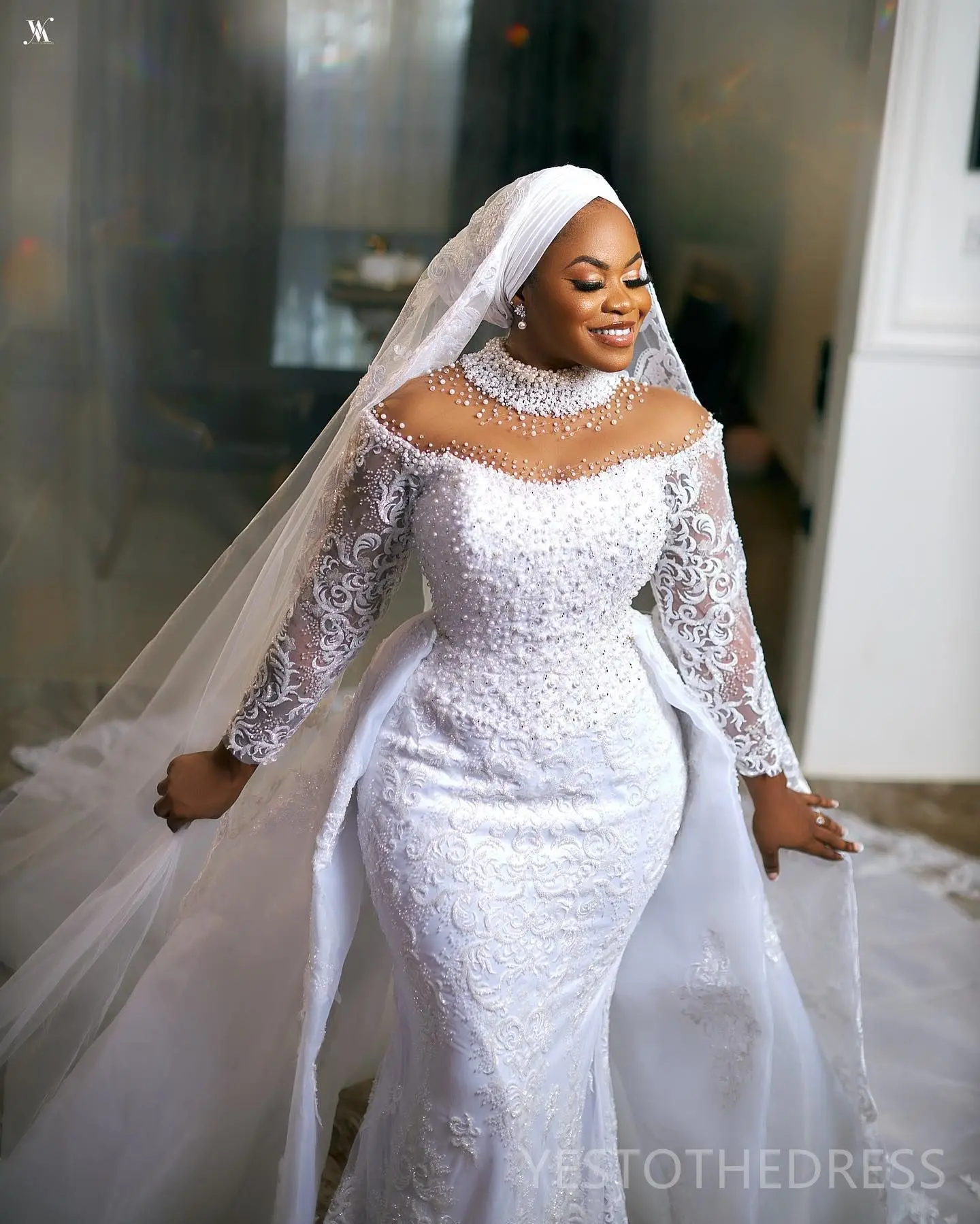 EVLAST ที่กำหนดเองแอฟริกันชุดแต่งงานนางเงือกคอสูงแขนยาวลูกปัดลูกไม้แอพพลิเคชันชุดเจ้าสาวเดรส เดอ โนเวีย E3W31