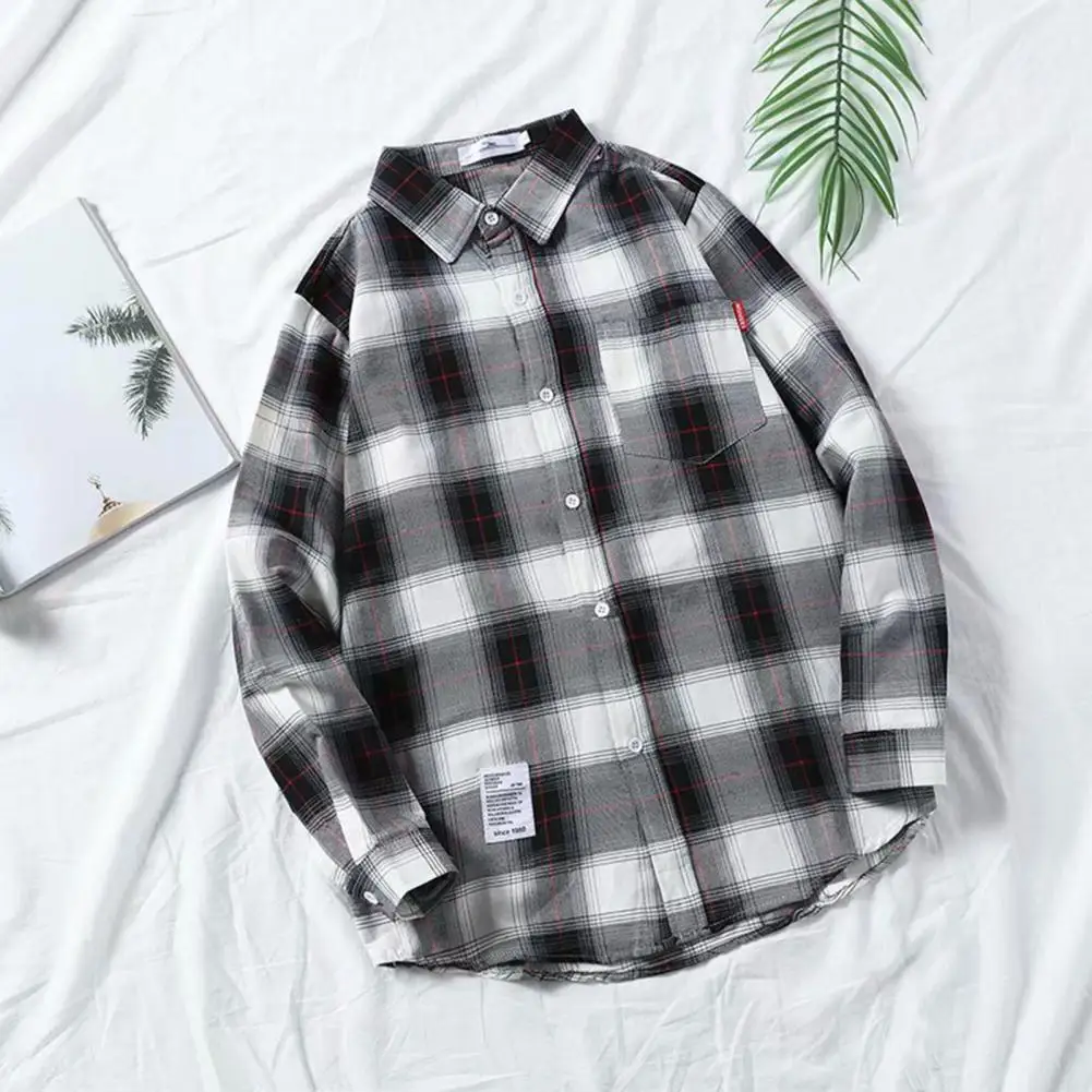 

Chic Men Shirt Long Sleeves Anti-Pilling Shirt Jacket Autumn Loose Plaid Top Shirts Outerwear