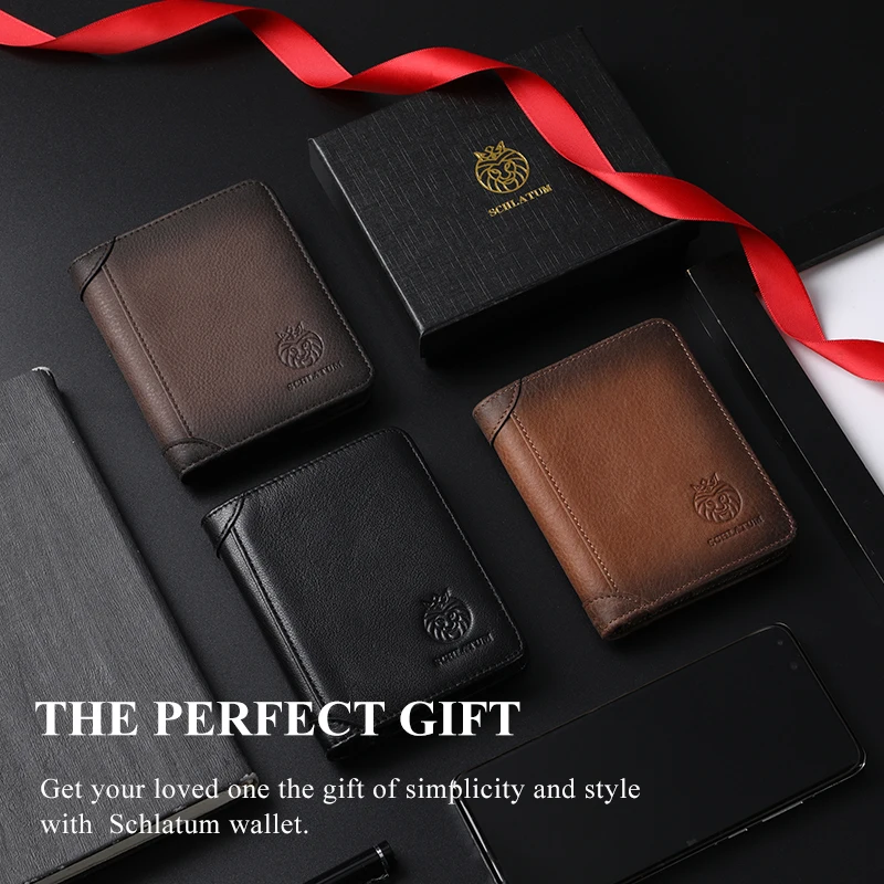 SCHLATUM Genuine Leather Men RFID Blocking short Ultra-thin wallet Retro Large Capacity Credit Card Holder Wallets