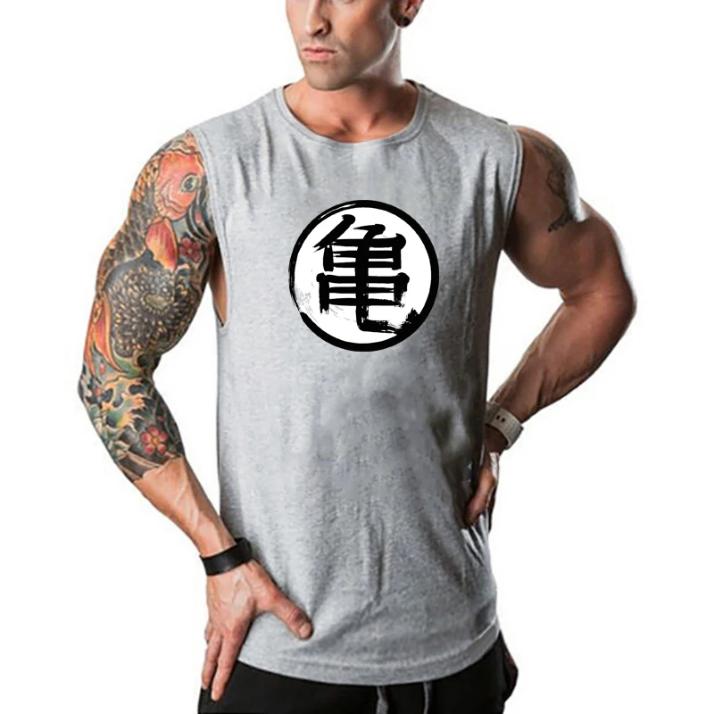 Japanese Anime Turtle Script Printed Cotton Fitness Tank Top Mens Bodybuilding Stringer Vest Gym Clothing Sport Sleeveless Shirt