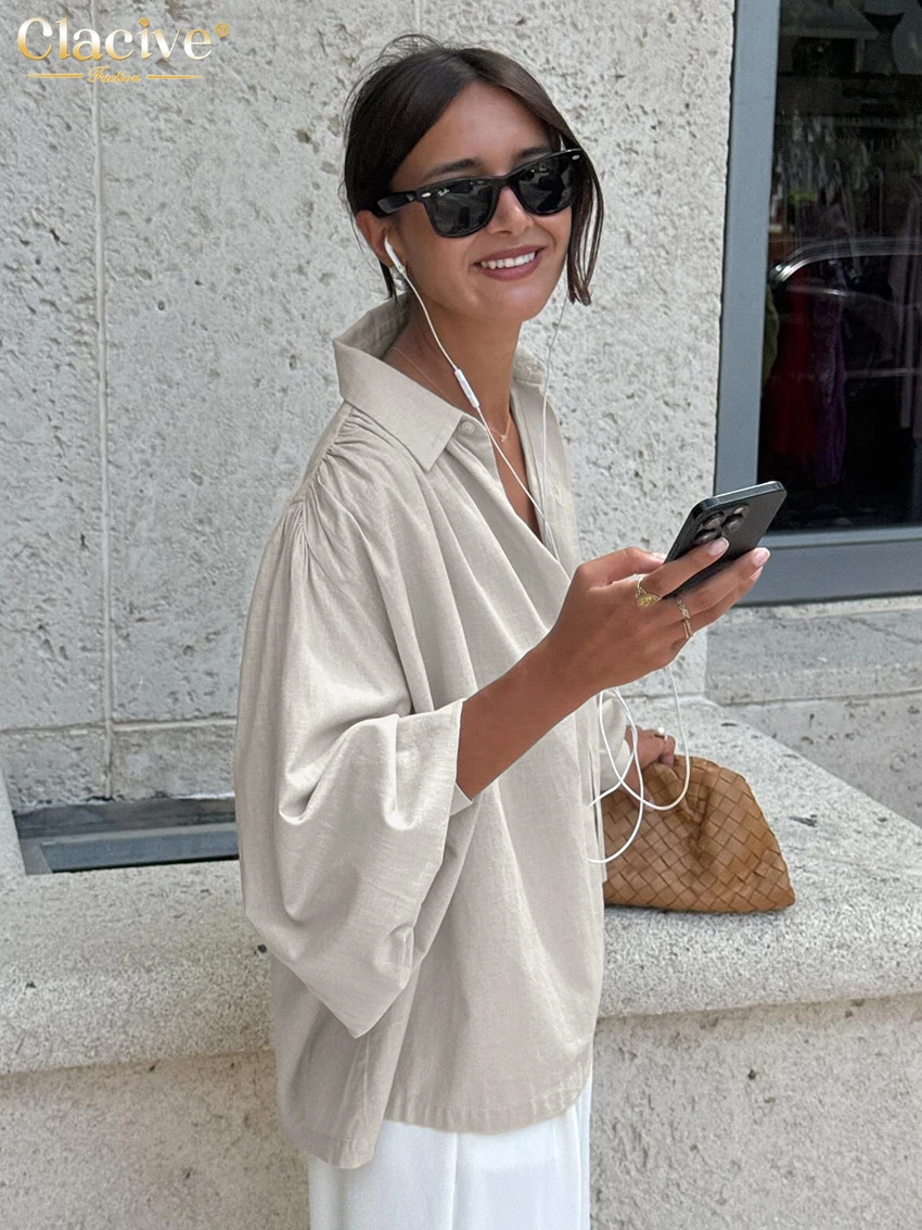 Clacive Fashion Loose Khaki Cotton Women's Blouse 2025 Casual Lapel Long Sleeve Shirt Elegant Classic Solid Tops Female Clothing