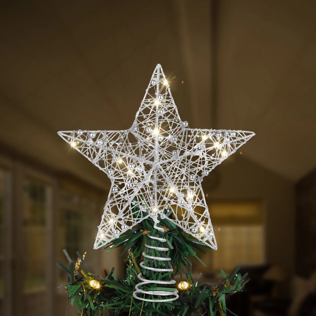 

Star Shaped Lights 25x30cm Warm White LED Christmas Tree Topper with Spring Base for Home Bar Party Silver Lamp