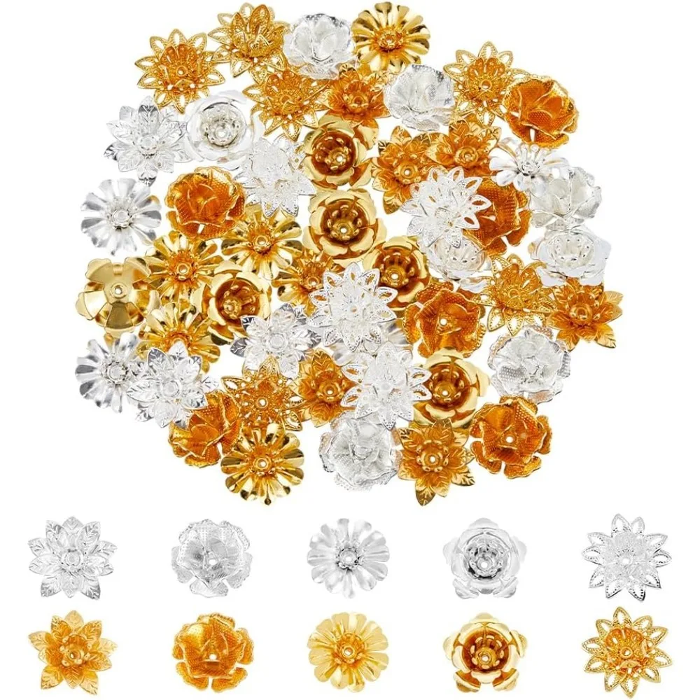 

60Pcs 10 Style Flower Bead Caps Multi Petal Round Filigree Spacer Beads en Brass Lotus Flower End Caps Spacer Charms