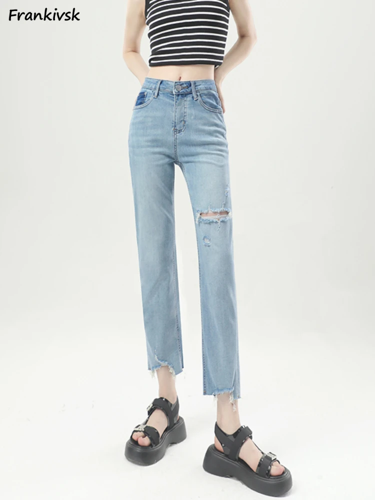 

Slim Jeans Women Frayed Straight Asymmetrical High Street European Style Punk Summer Hole Youthful Vitality Trousers Solid