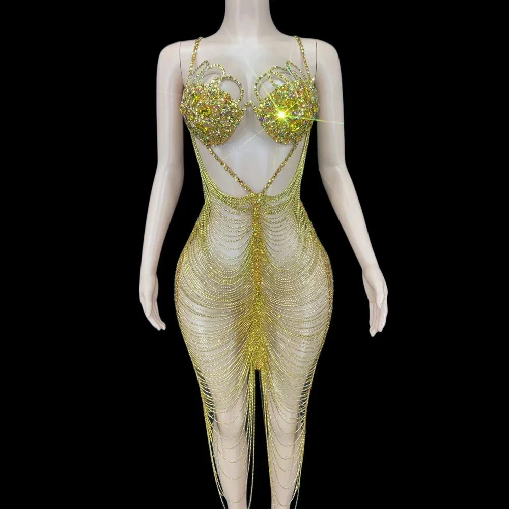 

Gold Spaghetti Strap Hollow Out Backless Shining Rhinestones Chain Sexy Women Dress Nightclub Prom Party Clothing Stage Costume