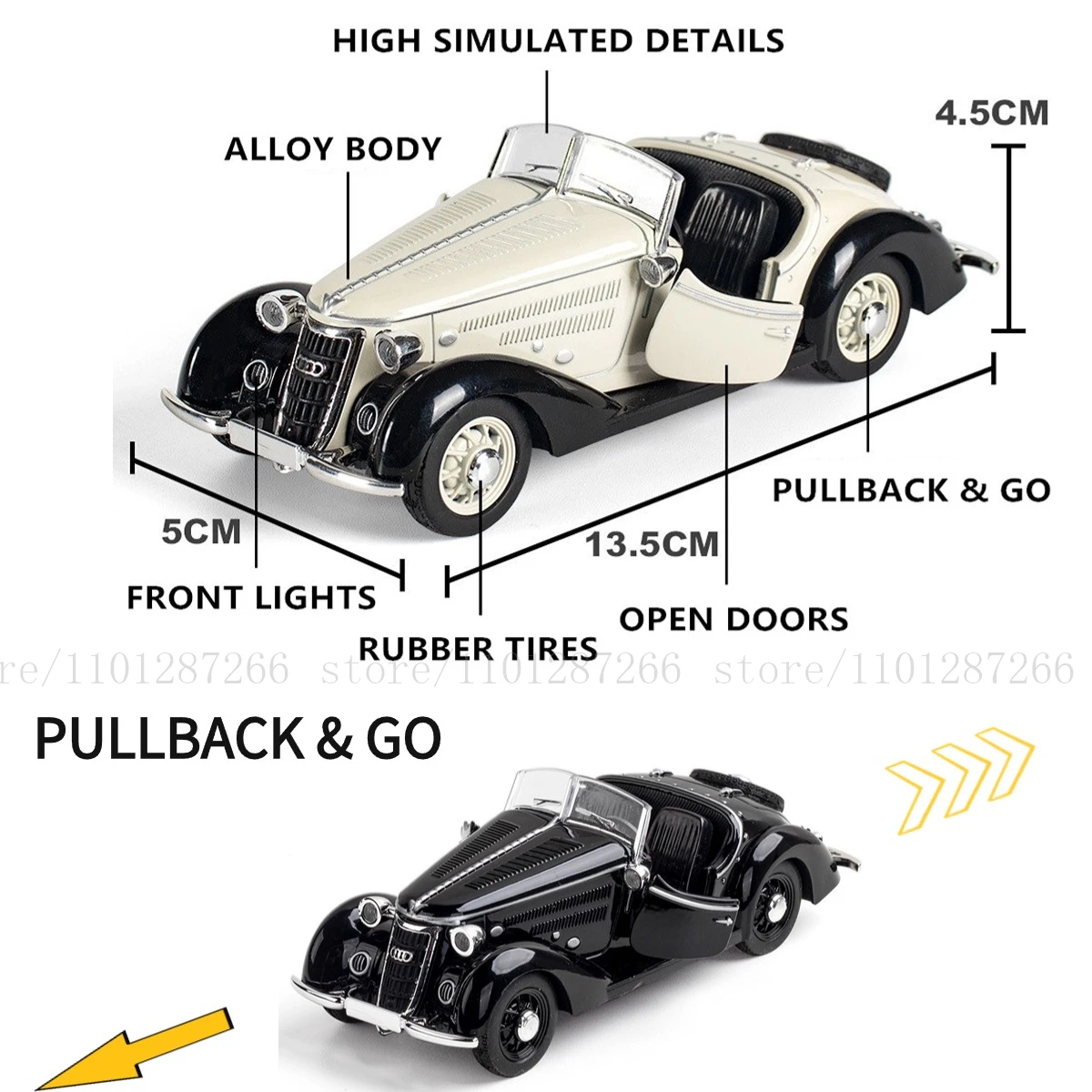 Audi Wanderer W25K Roadster 1936 escala 1:32 coche de juguete con luces, sonido de motor, Metal fundido a presión, regalo para niños