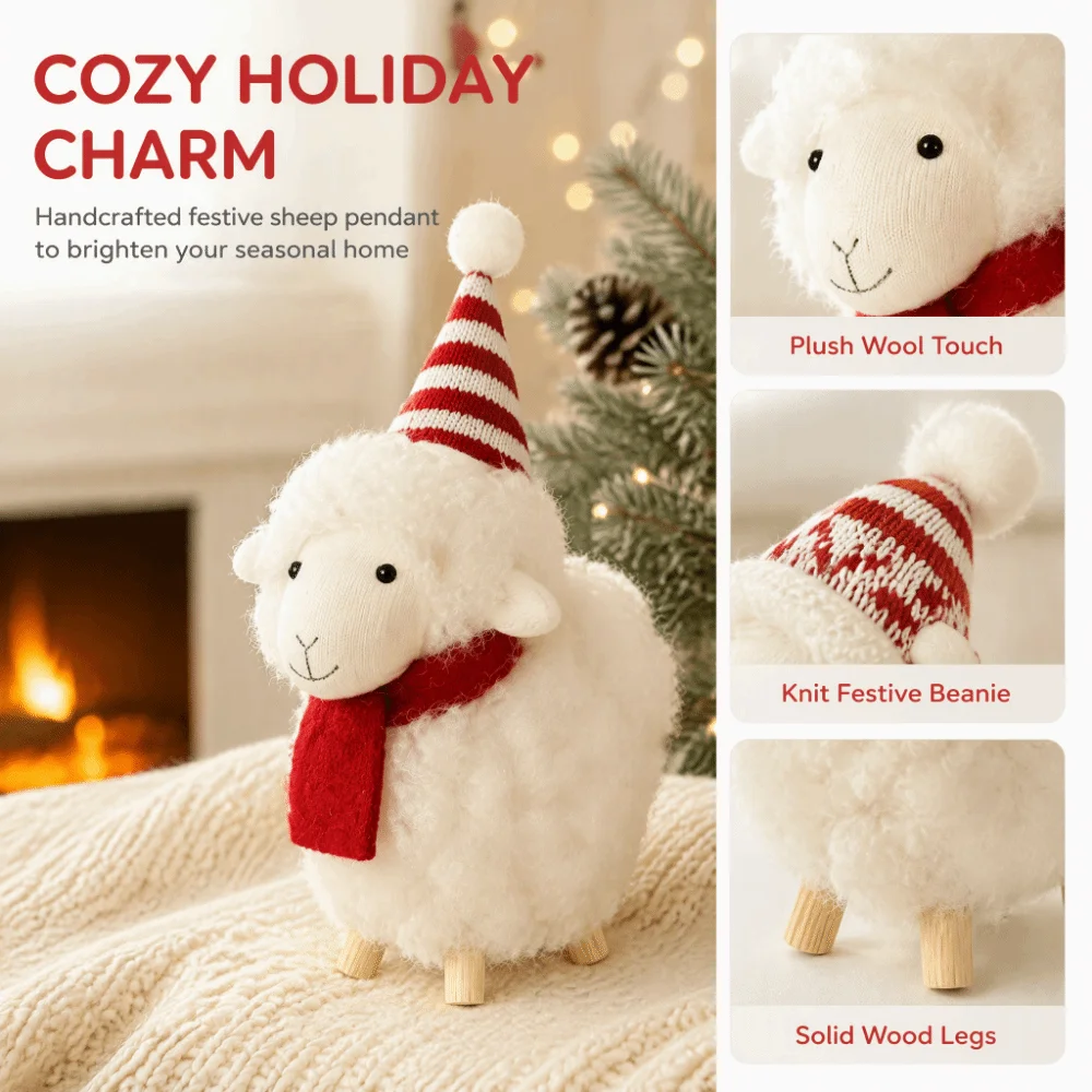 Mini Creative Sheep Scarf Hat Cute Little Lamb Hanging Pendant Curly Fur New Year Xmas Decoration Christmas