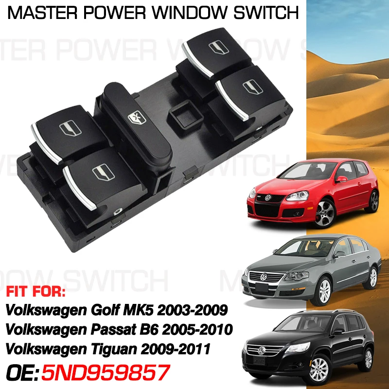 Front Left Car Power Window Switch 10 Pins For Volkswagen VW Golf MK5 2003-2009 Passat B6 2005-2010 Tiguan 2009-2011 5ND959857