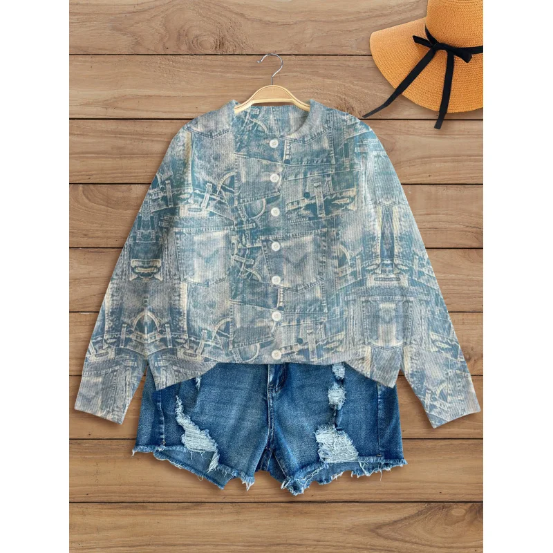

Denim Print Digital Print Women's Knit Cardigan Thick & Loose Fit Round Neck Long Sleeve Fall & Winter Casual Style
