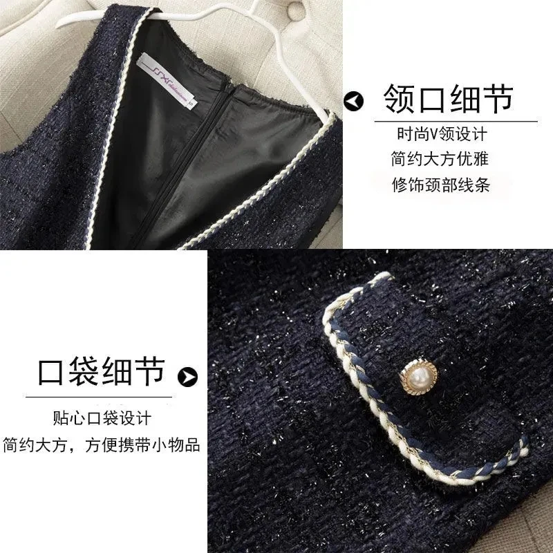 Woolen Strap Vest Dress Women Spring Autumn Small Fragrant Style Shiny Silk Sleeveless French Long Dress Ladies V-neck Vestido