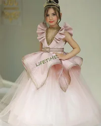 Flower Girl Dress Illusion Beading Sparking Beads Stones High-neck Fly-sleeve Ball Gown Maxi Skirt for Toddler 1-14T