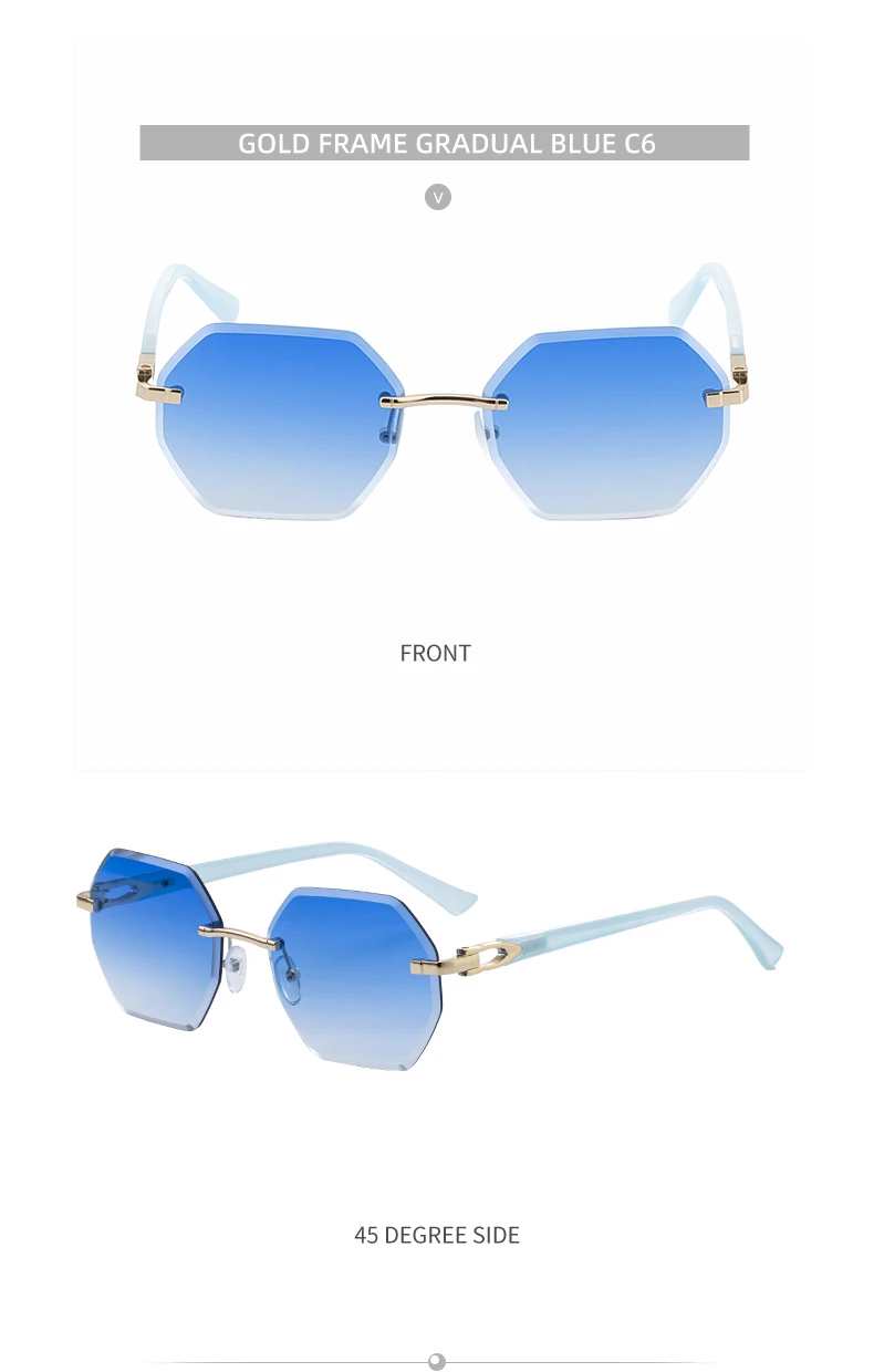 Modische randlose quadratische Sonnenbrille für Damen 2026 – Luxusmarke, sechseckiger Metallrahmen, trendige Outdoor-Sonnenbrille für Frauen – Detail 21