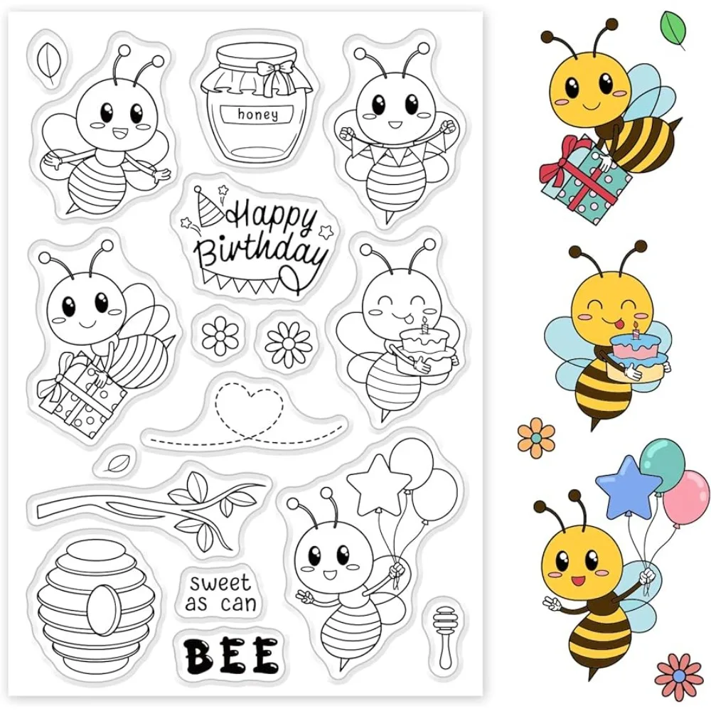 

Bee and Honey Silicone Clear Stamp Birthday Cake and Transparent Silicone Stamp Gift and animalss Rubber Stamp for Scrapbooking