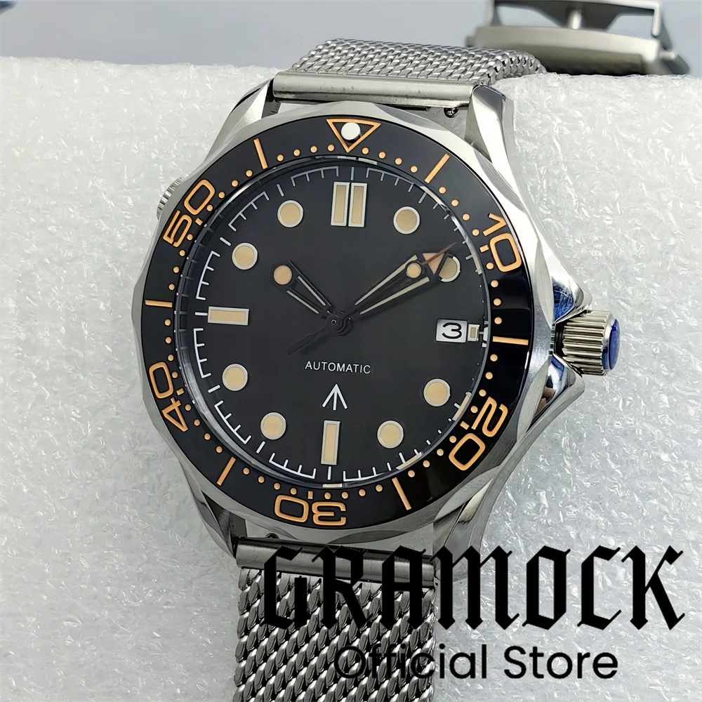 Gramock 41mm Mechanical Men Watch Sapphire Glass Date 24 Jewel NH35 PT5000 MIYOTA 8215 Stainless Steel Mesh Band Rotating Bezel