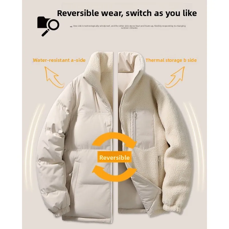 

Reversible Wool Cotton Coat 2026 Stand Collar Thickened Fleece Lined Warm Winter Coat for Unisex Couple Fashion Loose Fit Daily