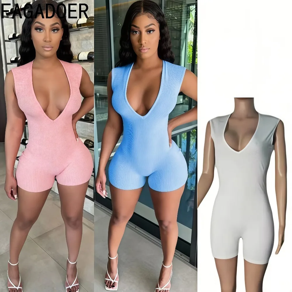 

FAGADOER Spring New Casual Ribbing Rompers Women Solid Color Sleeveless Deep V-neck Bodycon Jumpsuit Female Streetwear Overalls