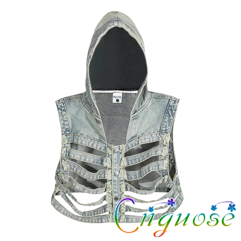 2024 Summer Hollow hooded denim Short vest Retro Hop Motorcycle Cowboy Vest  Men's Tank Top Rock Punk Style Streetwear for Mens