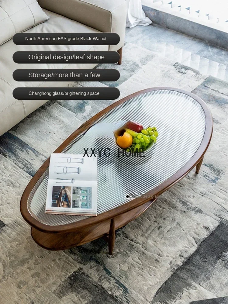 Solid Wood Tea Table Black Walnut Nordic Light Luxury and Simplicity Tempered Changhong Glass Living Room Furniture