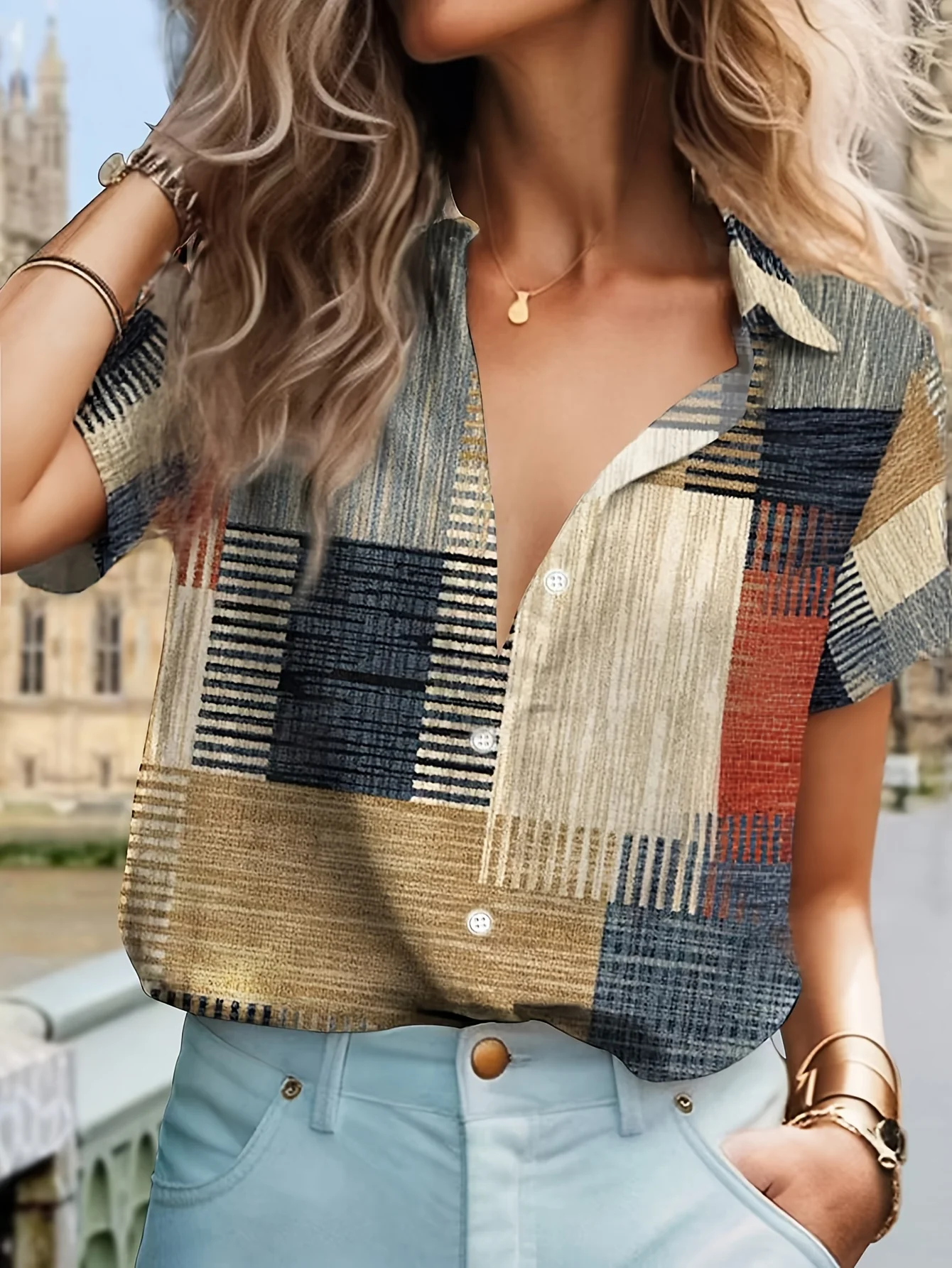 

Summer Fashion Women's Clothing Colorblock Plaid Print Short Sleeve Lapel Casual Button Shirt Tops Women's Hawaiian Shirt