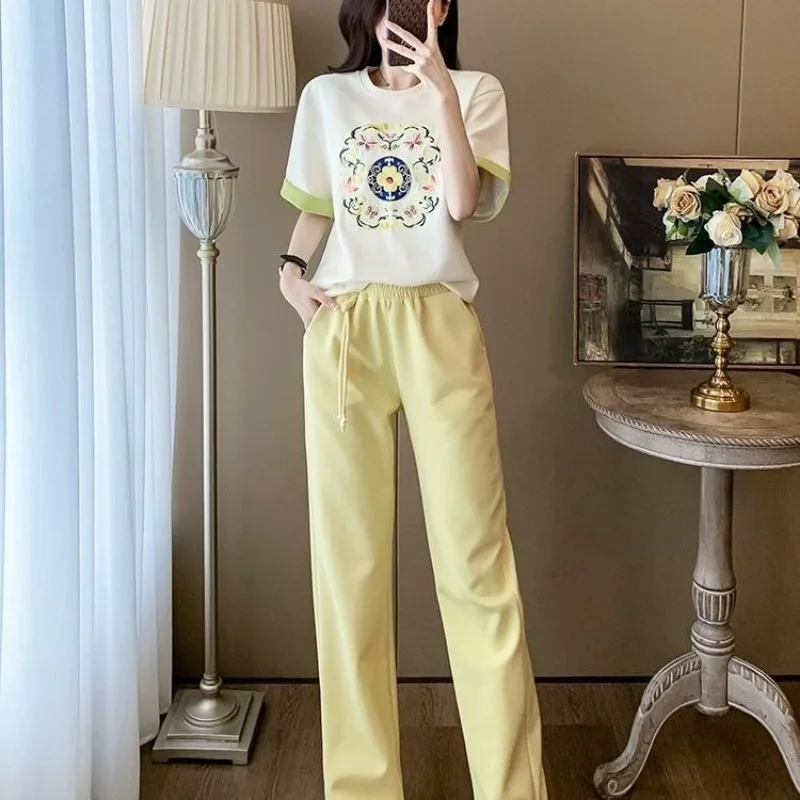 

Women's 2026 Summer New Arrival Stylish Youthful Casual Sports Two Piece Set Short Sleeve T-Shirt Loose Wide Leg Pants
