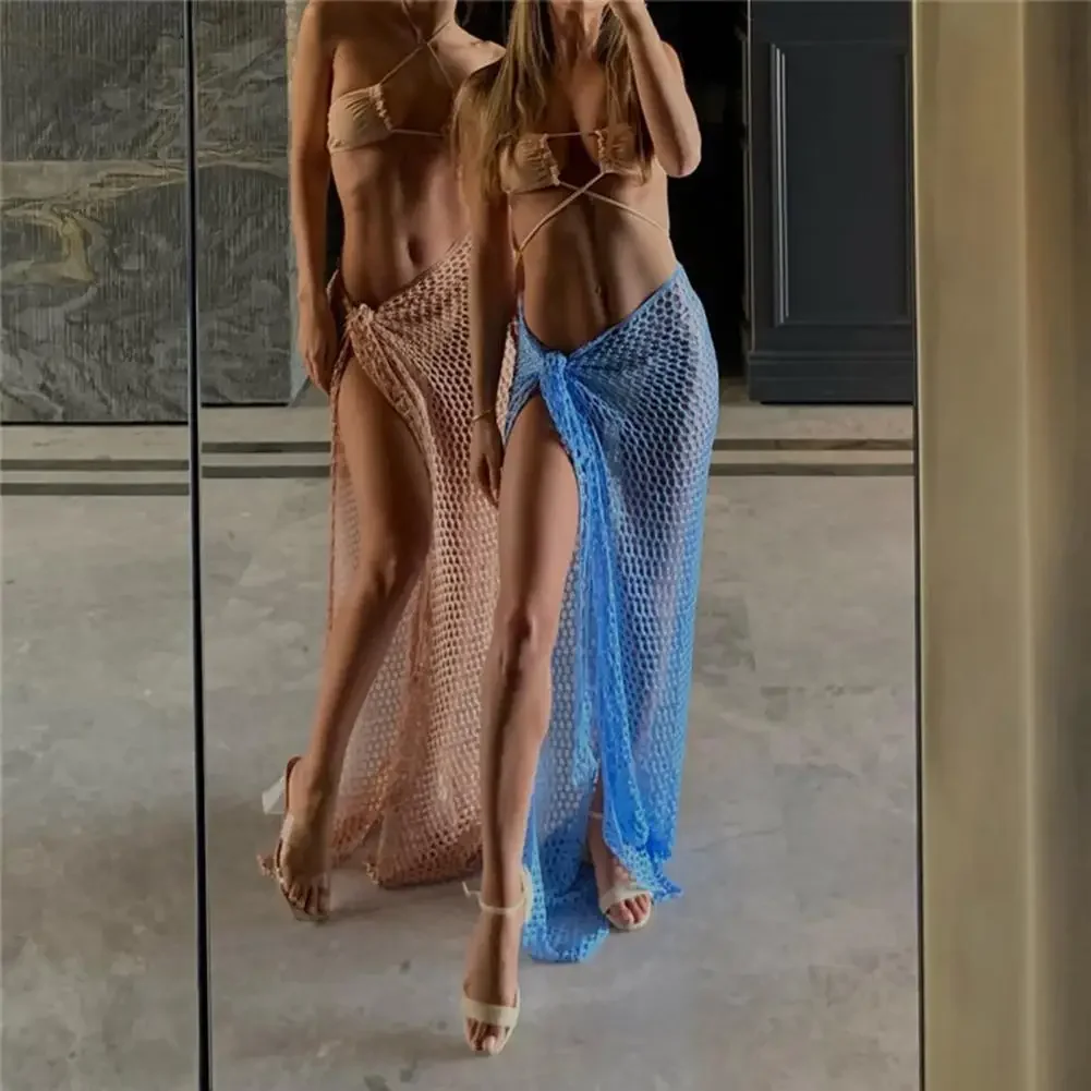 Verão feminino biquíni saia fishnet oco para fora transparente cor sólida rendas até senhora maxi saia elástica cintura alta saia de malha