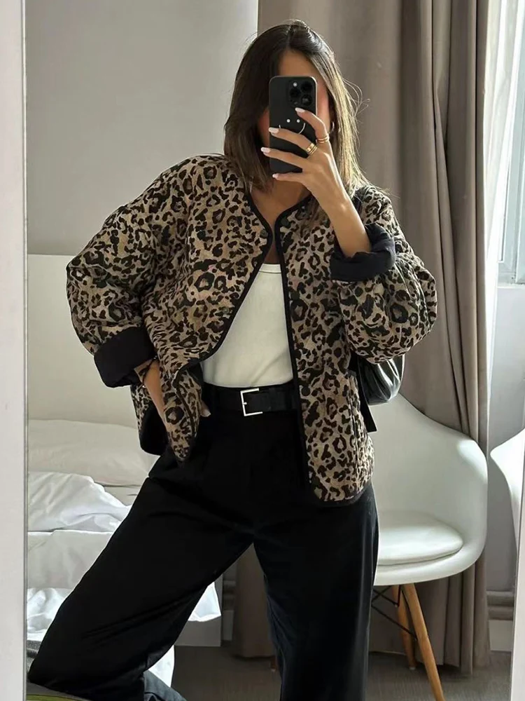 TRAF 2024 Autumn New Women Leopard Print Animal Print Cotton Jacket Coat Fashion temperament Versatile lightweight Outwear