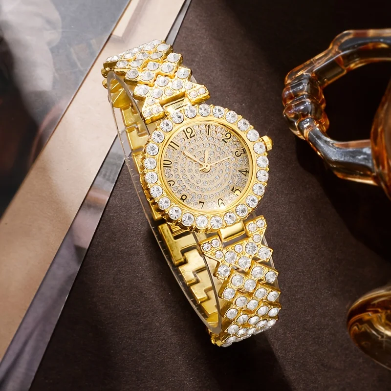 Glittering Luxury Rhinestone Womens Watch Set - Precise Quartz, Timeless Golden Fashion, 6-Piece Analog Wrist Watches & Jewelry
