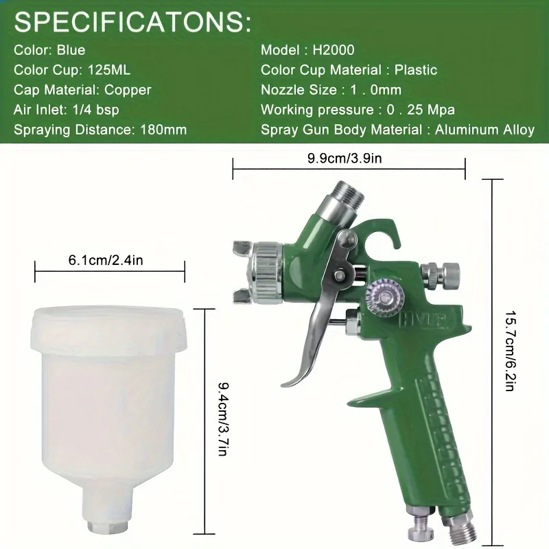 1.0mm 노즐 HVLP 미니 공압 스프레이 건 125ml 자동차 도색 수리용 중력식 에어 스프레이 페인트 건 H-2000A