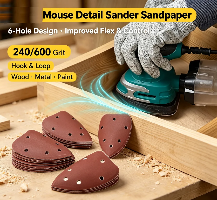 30pcs 6 Hole Mouse Detail Sander Sandpaper Aluminum Oxide Sheets 240/600 Grit for WEN 6301 Ryobi CFS1503GK Dremel Palm Sander