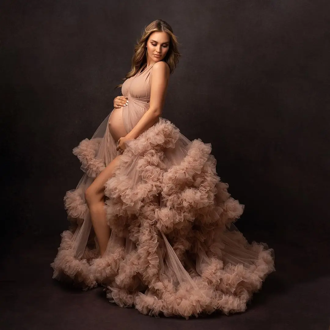Moederschap Jurk voor Vrouw V-hals Ruches Prom Partij Jassen Zwangerschap Babyshower Outfit Gewaad Fotografie Props Aangepaste