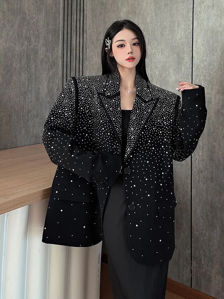 Frauen 2024 Herbst Neue High-end-Schwarz Maßgeschneiderte Mäntel Langarm Casual Trendy Anzug Jacke Tops Feminine Hot diamant Blazer