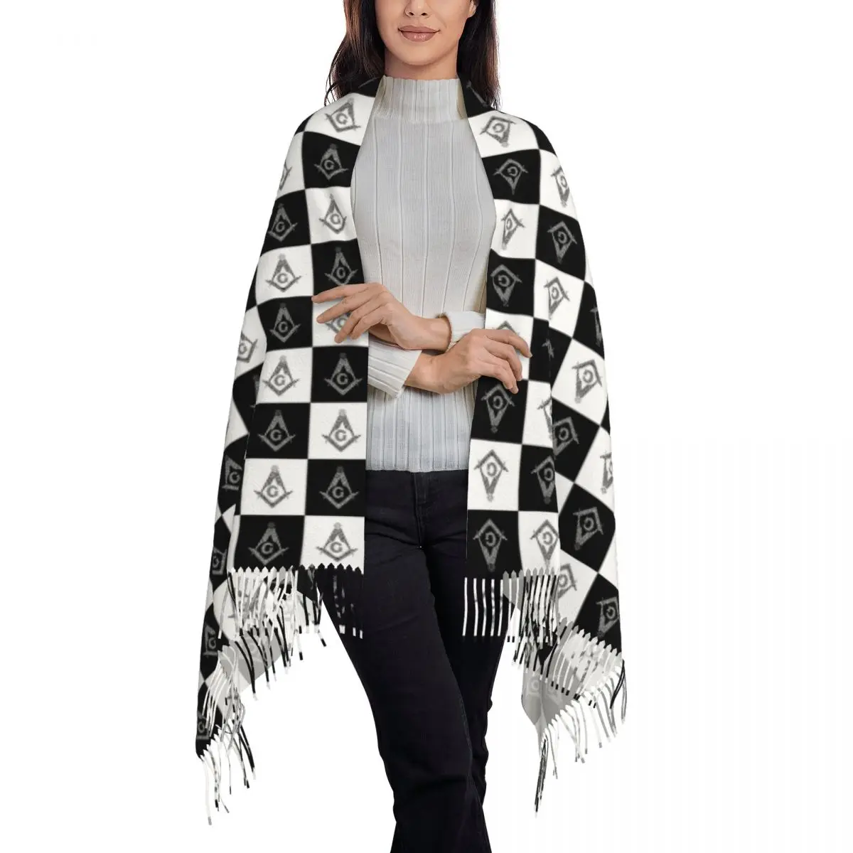 Écharpe à motif à carreaux franc-maçon pour hommes et femmes, imprimé personnalisé, noir et blanc, écharpes chaudes d'automne d'hiver, châles Wraps