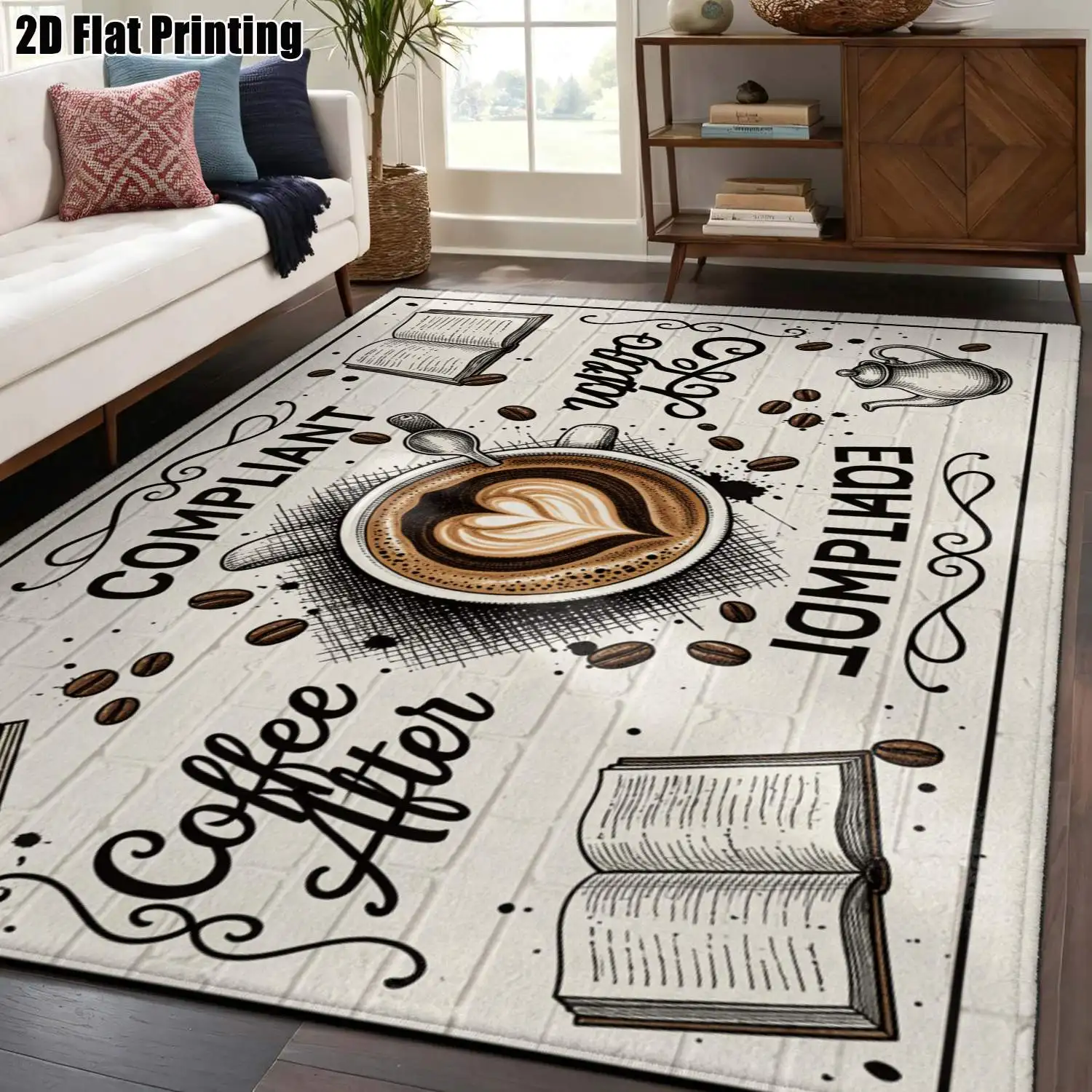 1Pc 2D Printed Retro Coffee Cup Letter Pattern Carpet, European/Modern Minimalist/Instagram Style, Geometric Striped Floor Mat, Home Decor, Multi-Size, Machine Washable For Restaurants, Entrances, Study Rooms, Living Rooms, Bedrooms.