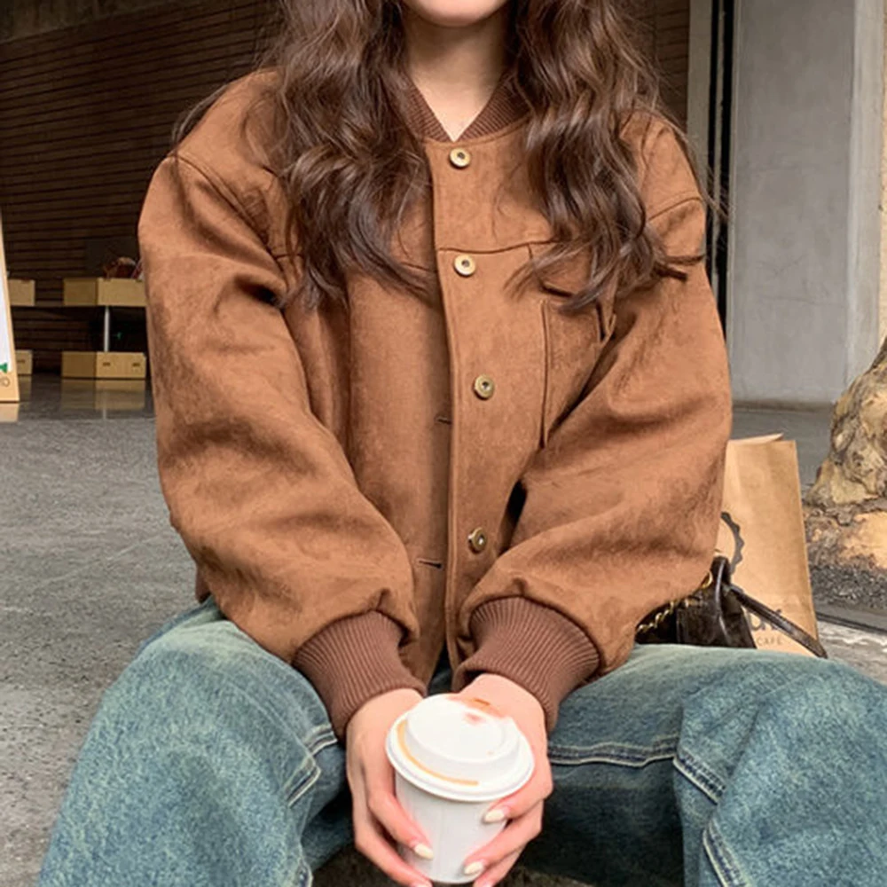 American retro deerskin fleece baseball jacket jacket cardigan spring and autumn new small short motorcycle jacket top
