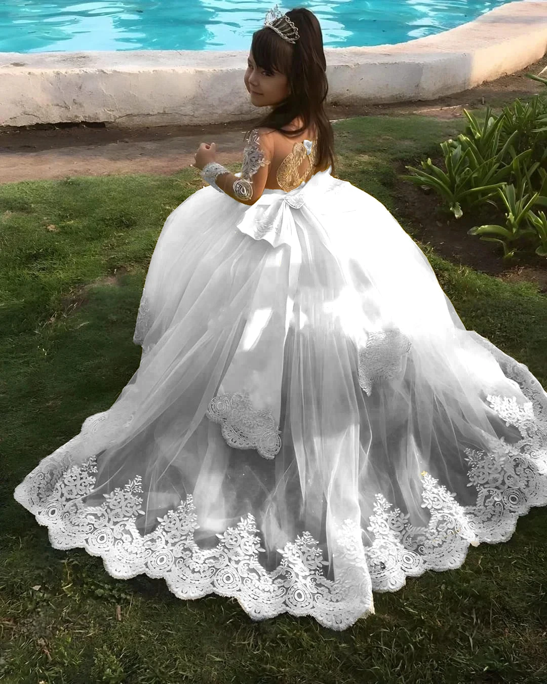 Vestidos de Tule com Faixas, Applique de Renda, Vestido Princesa, Manga Comprida, Vestidos de Festa de Aniversário, Casamento, Criança, Menina